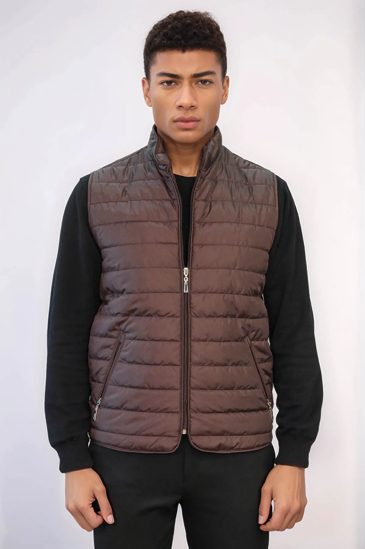 Quilted Sleeveless Brown Men Down Vest - Wessi