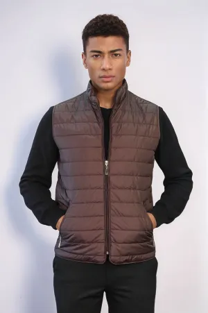 Quilted Sleeveless Brown Men Down Vest - Wessi