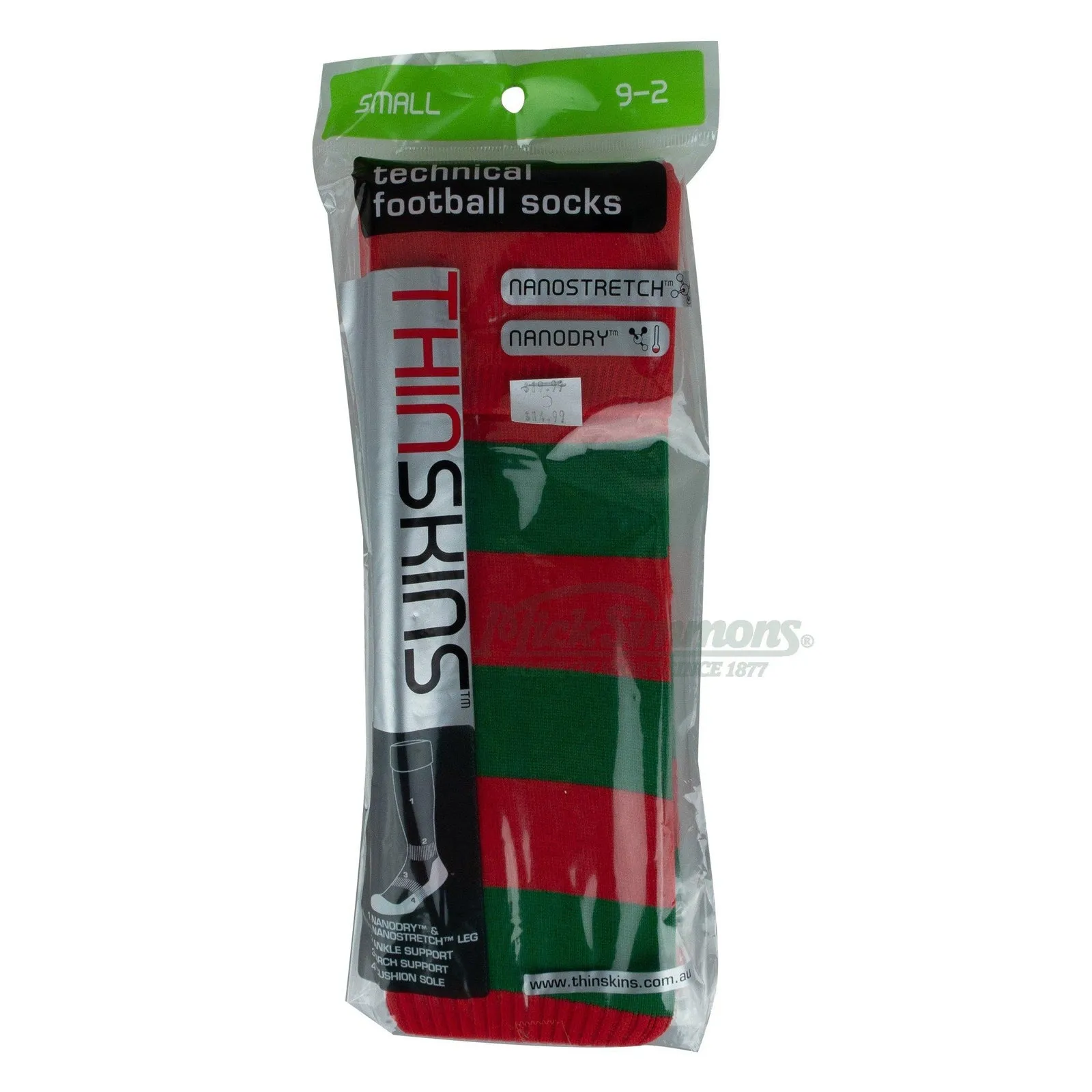 Thin Skins Football Socks - Red with Green Hoops Thinskins