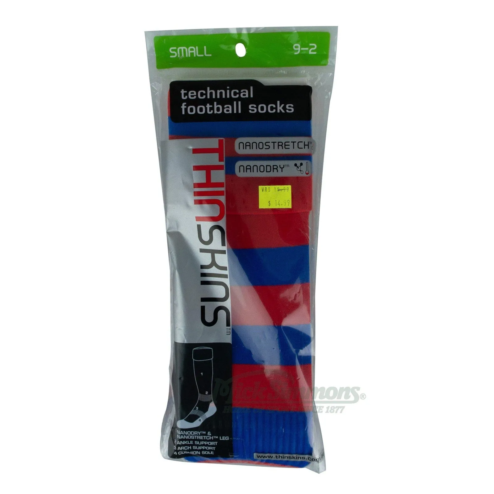Thin Skins Football Socks - Red with Royal Blue Hoops / 2 Royal Stripes Thinskins
