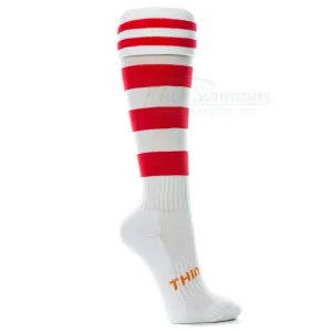 Thin Skins Football Socks - White with 2 Red Stripes / Red Hoops Thinskins