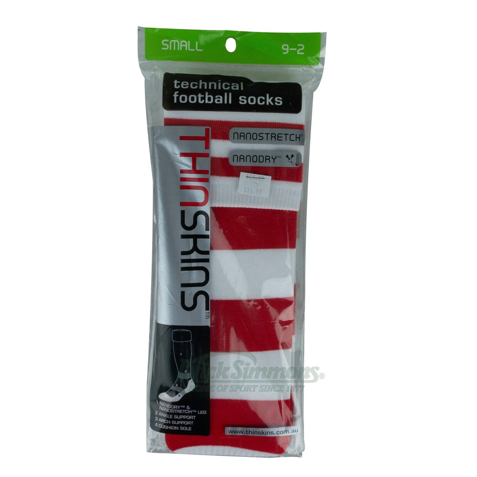 Thin Skins Football Socks - White with 2 Red Stripes / Red Hoops Thinskins