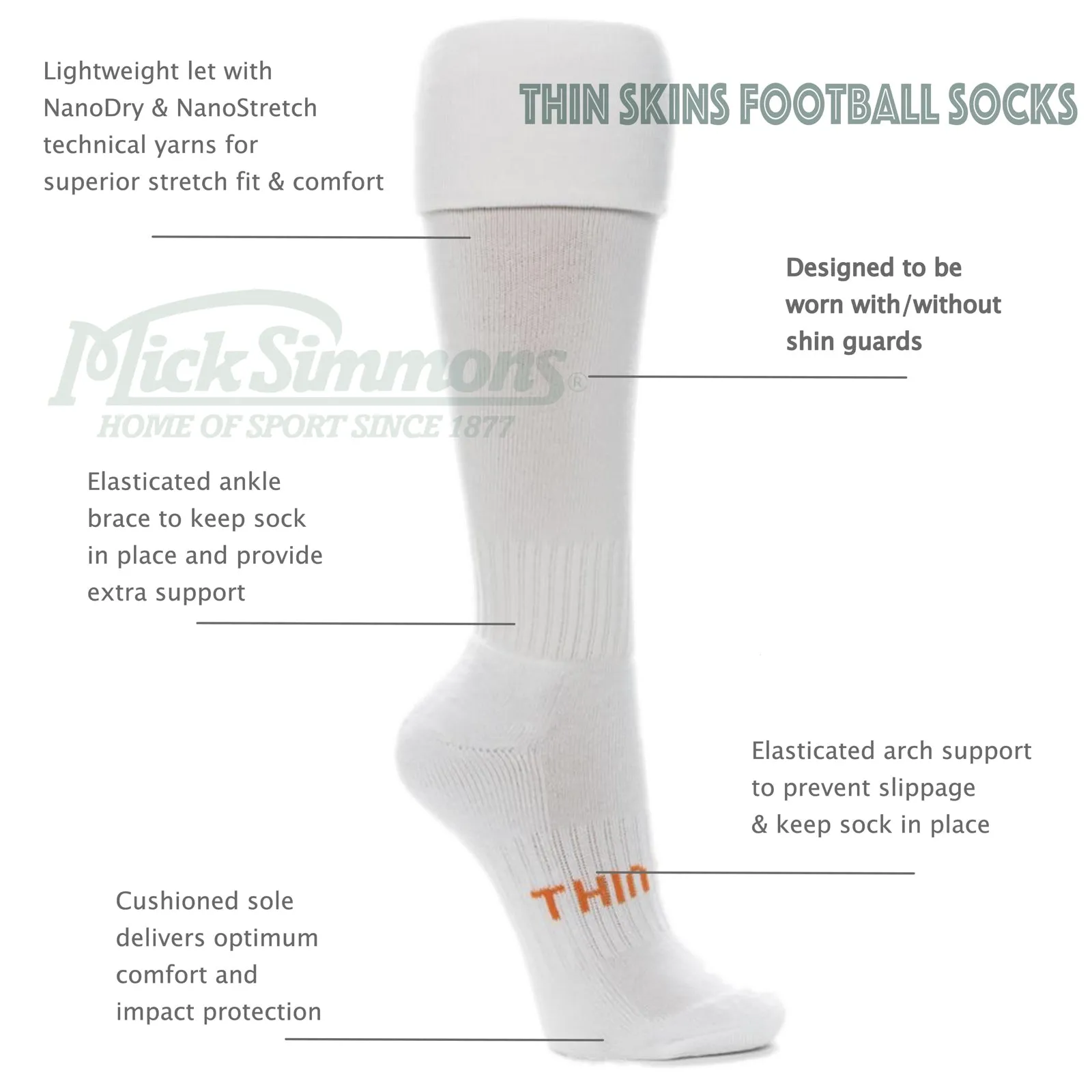 Thin Skins Football Socks - White with 2 Red Stripes / Red Hoops Thinskins