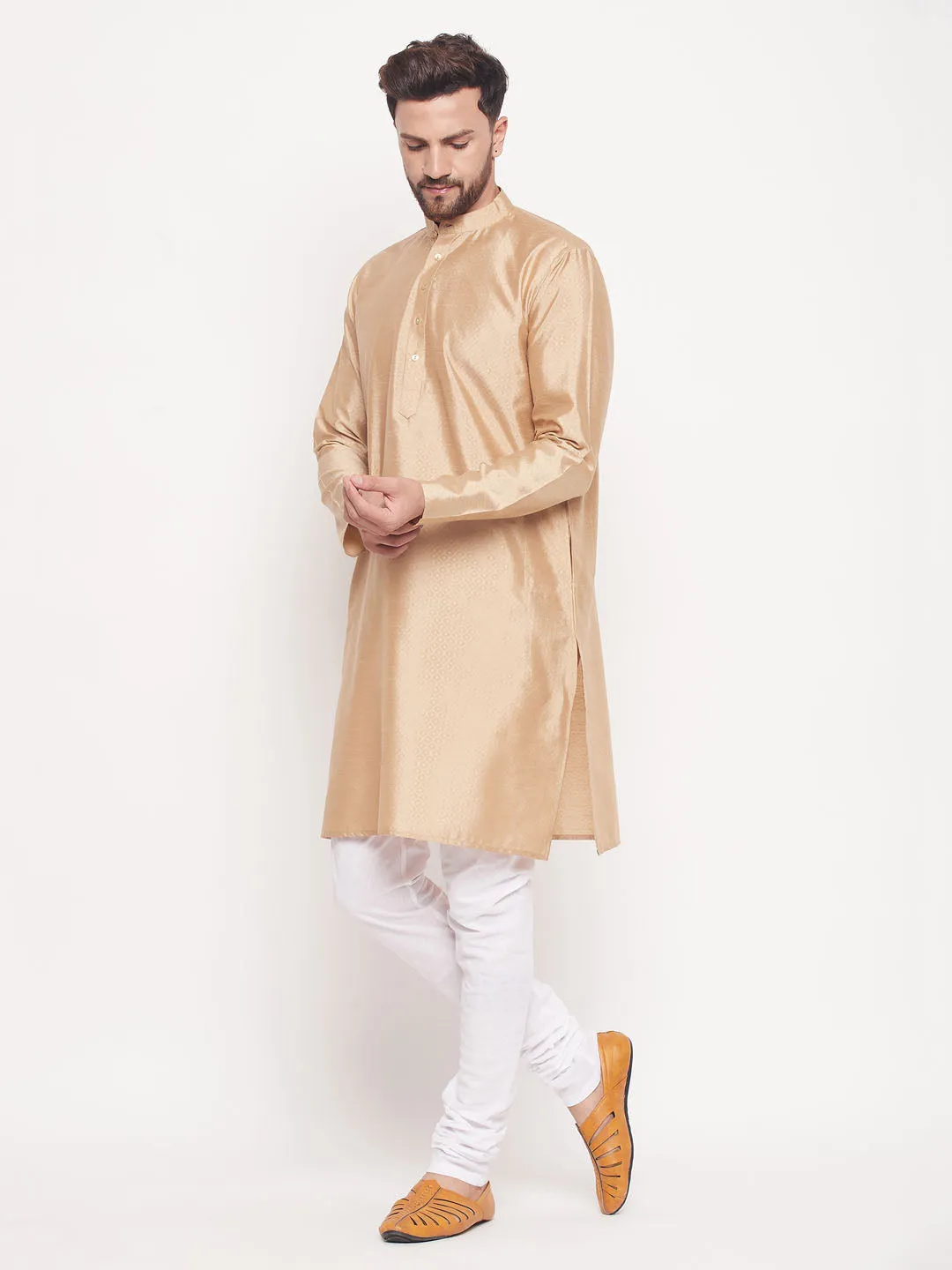 VASTRAMAY Men's Beige Silk Blend Kurta