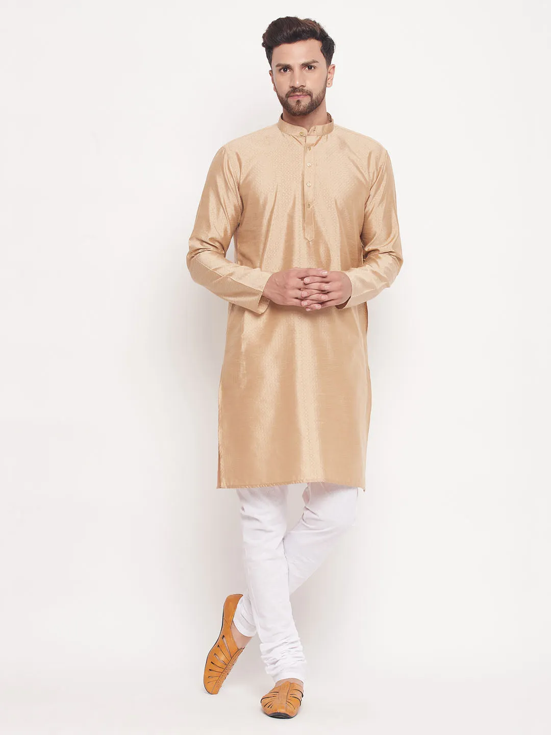 VASTRAMAY Men's Beige Silk Blend Kurta