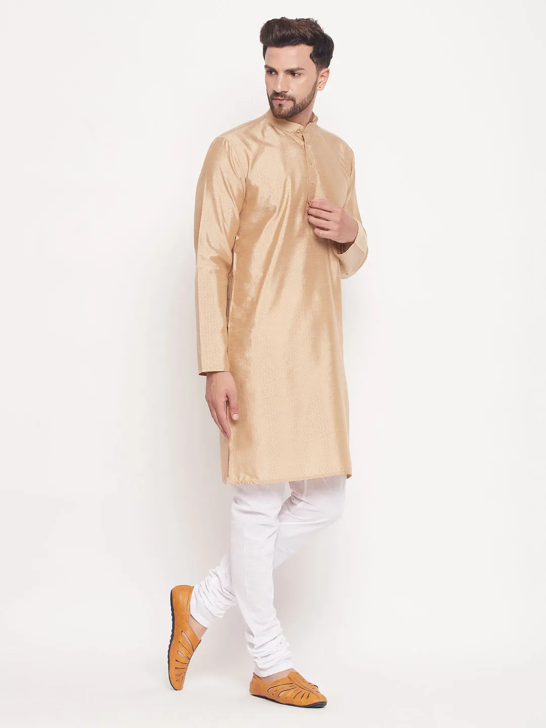 VASTRAMAY Men's Beige Silk Blend Kurta