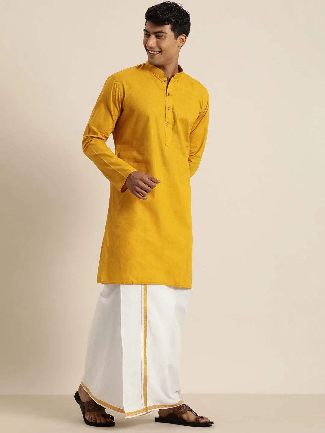Vastramay Mustard Cotton Kurta And Mundu