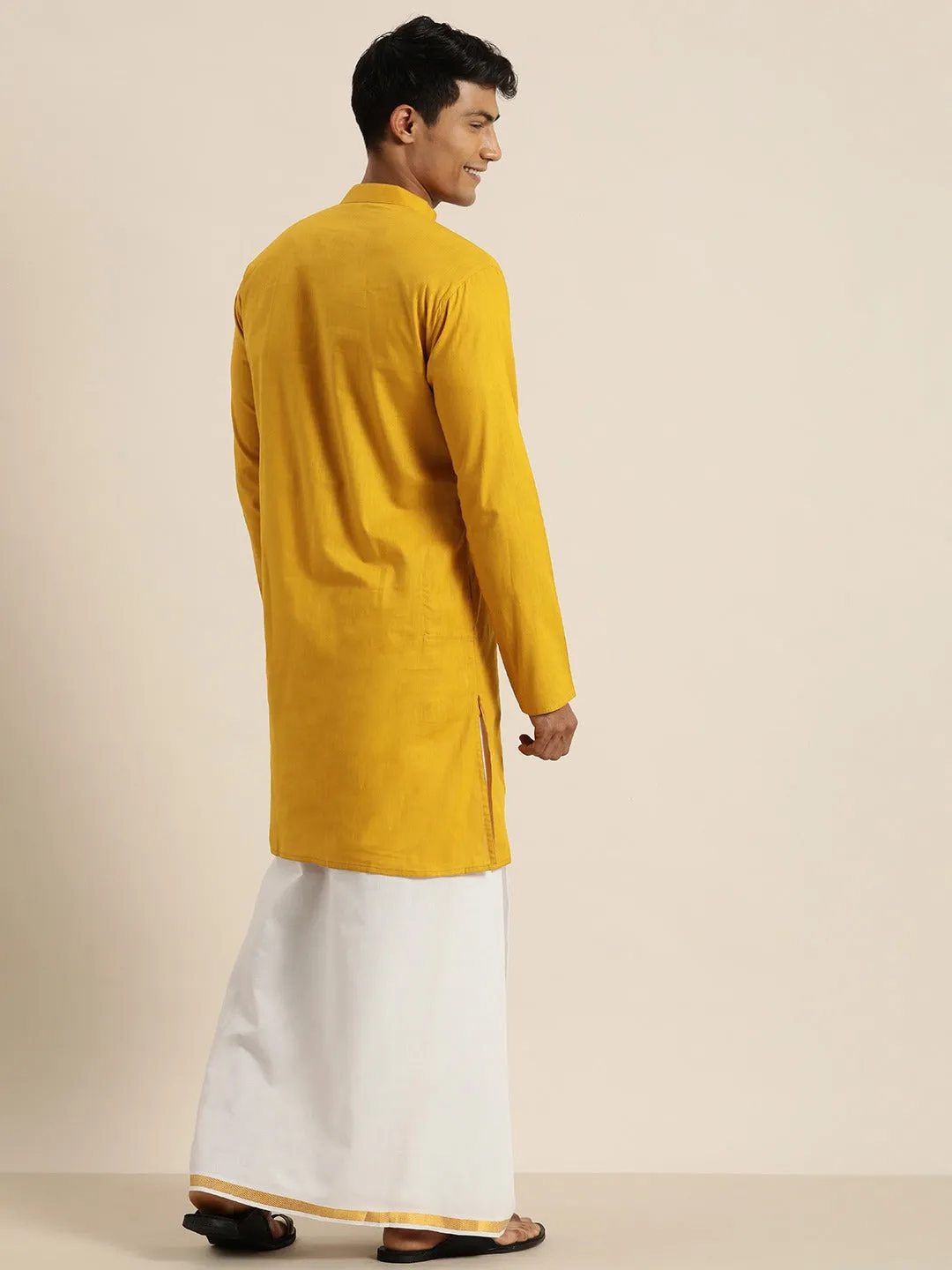 Vastramay Mustard Cotton Kurta And Mundu