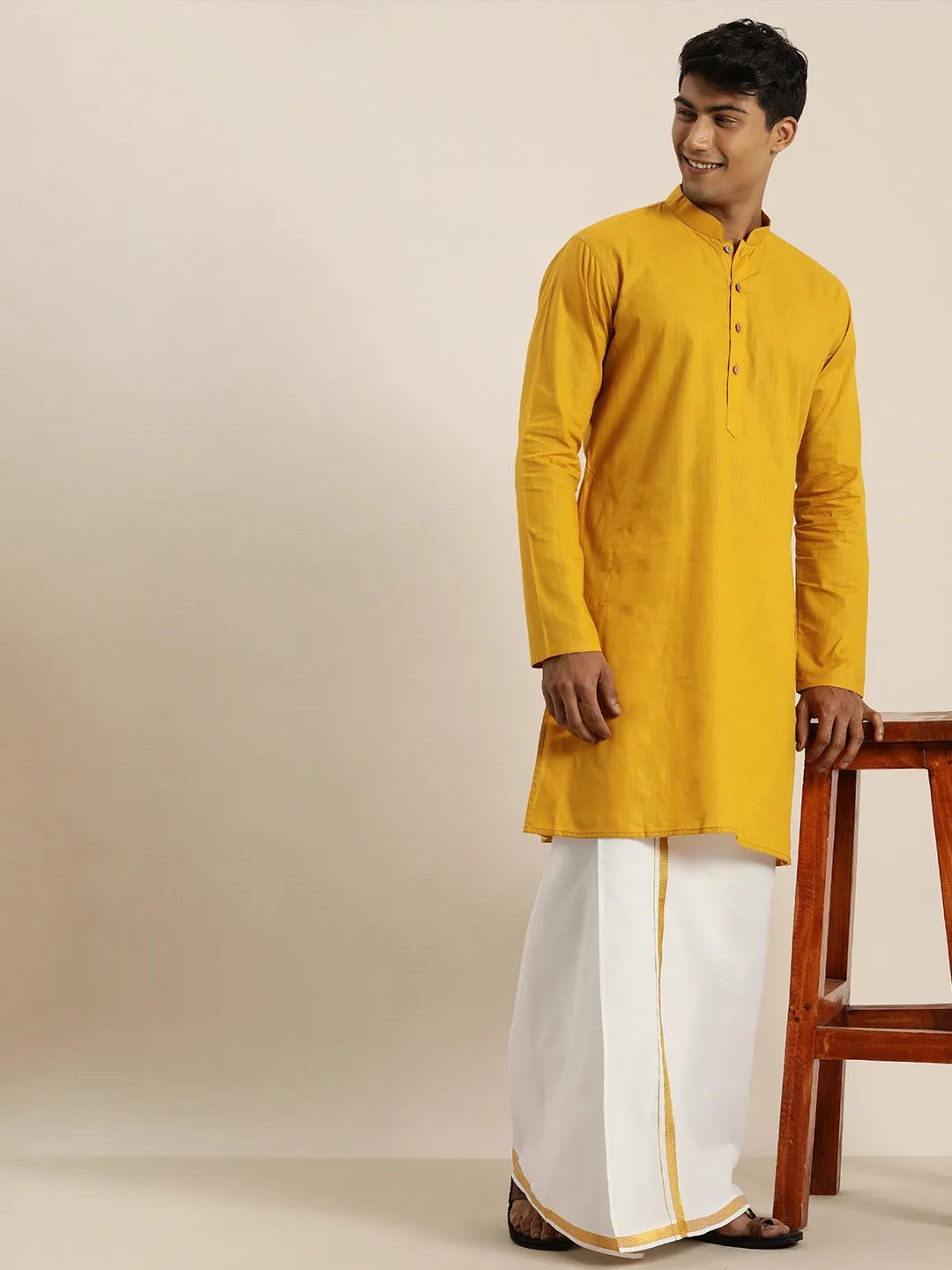 Vastramay Mustard Cotton Kurta And Mundu