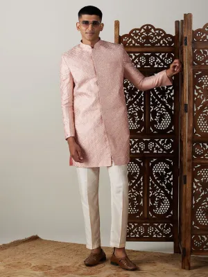 Vastramay Peach Sequined Men's Sherwani Set