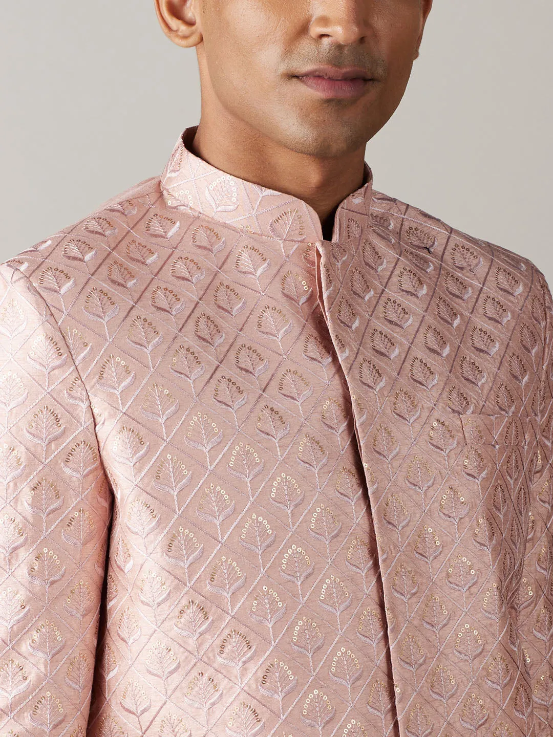 Vastramay Peach Sequined Men's Sherwani Set