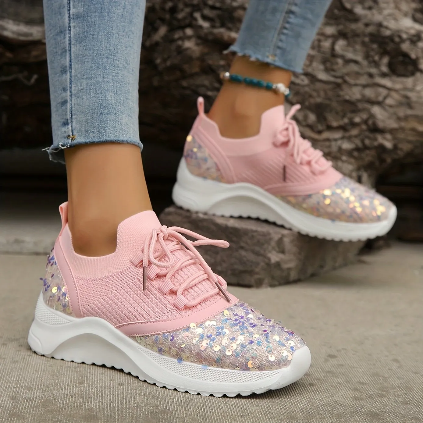 Women's Glitter Sequins Decor Platform Sneakers